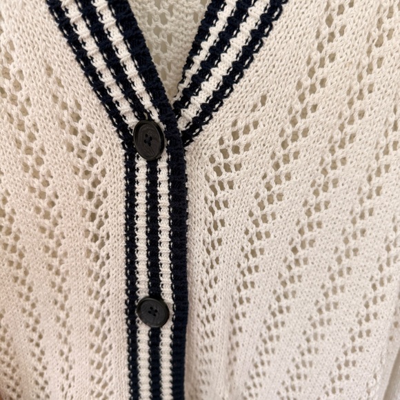 Lou & Grey Tipped Crochet  V-Neck Pocket Cardigan L Nautical Preppy Cotton - Picture 6 of 11